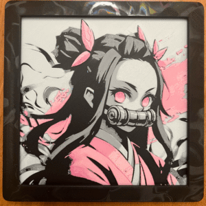 Anime-inspired 3D-printed pink and black wall art, crafted with high-quality PLA, featuring intricate details and vibrant colors.